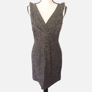 Cynthia Steffe Brown Deep V Ruffle Dress Size 6 Leather Trim Zipper Sleeveless